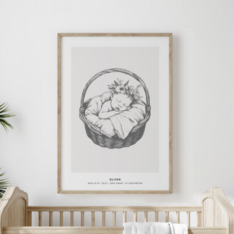 En stilren poster i ram med motivet "Little Basket" från Stories by Mia, som föreställer en vackert illustrerad sovande bebis inlindad i en filt och liggandes i en korg med en blomsterkrans på huvudet. Postern är personlig och innehåller detaljer om barnets födelse, såsom datum, tid, vikt och längd, vilket gör den till en unik och minnesvärd detalj för barnrummet. Tavlan är placerad över en spjälsäng i ett lugnt, skandinaviskt inrett rum som förstärker dess mjuka och tidlösa känsla.