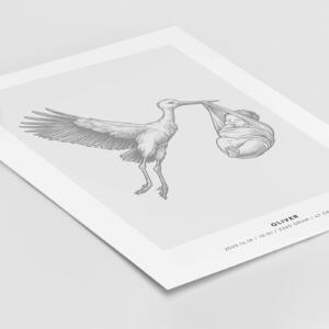 En närbild av en stilren poster med motivet "White Storch" från Stories by Mia, som visar en detaljerad illustration av en stork som flyger och bär ett lindat nyfött barn i näbben. Postern är personlig och inkluderar barnets namn samt födelsedetaljer som födelsedatum, tid, vikt och längd, diskret placerade längst ner på postern. Designen är minimalistisk med en sofistikerad och tidlös stil som framhäver motivet på ett smakfullt sätt.